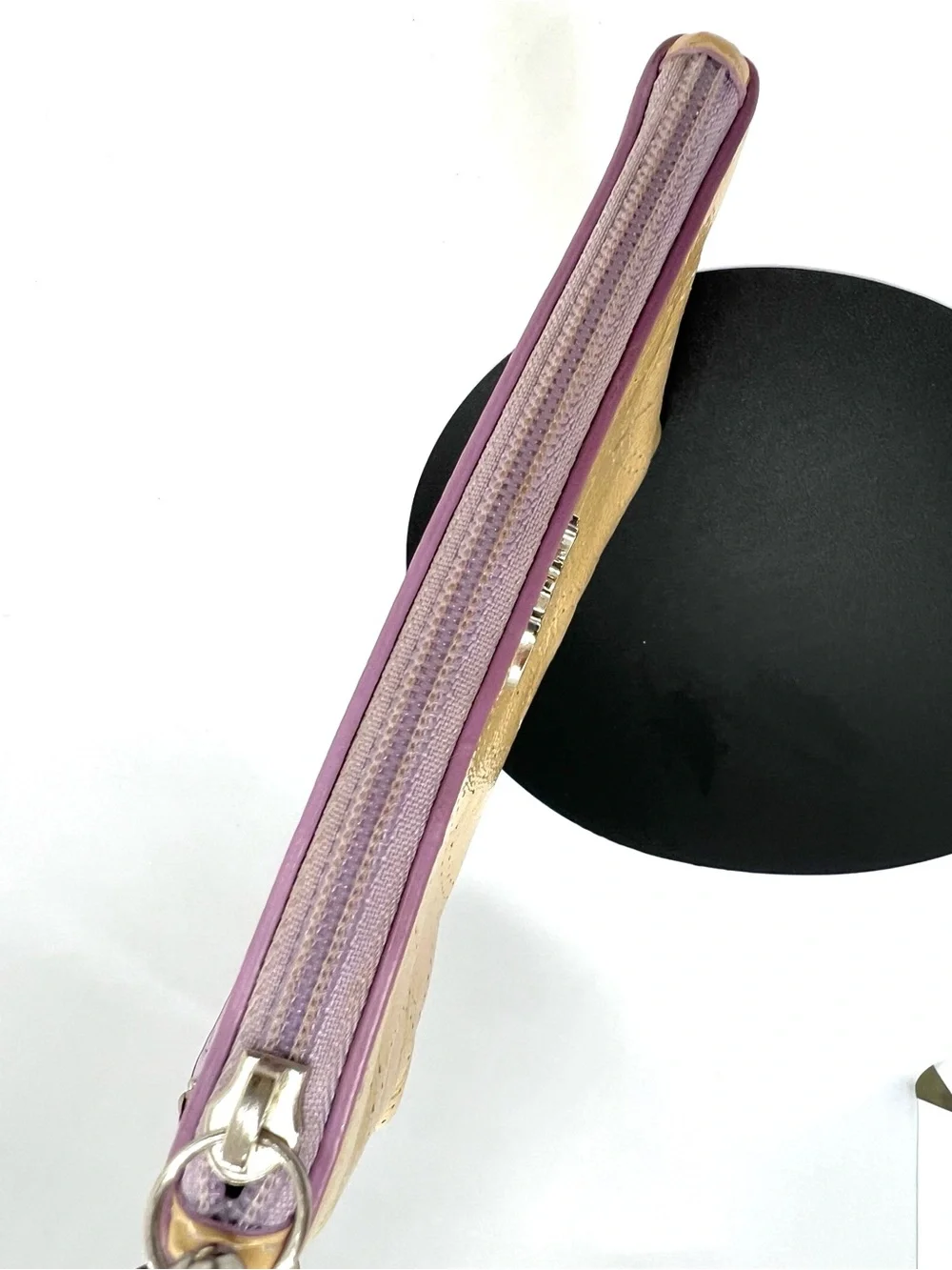 Coach Beige Patent Leather Perforated Signature C Wristlet Lilac Trim